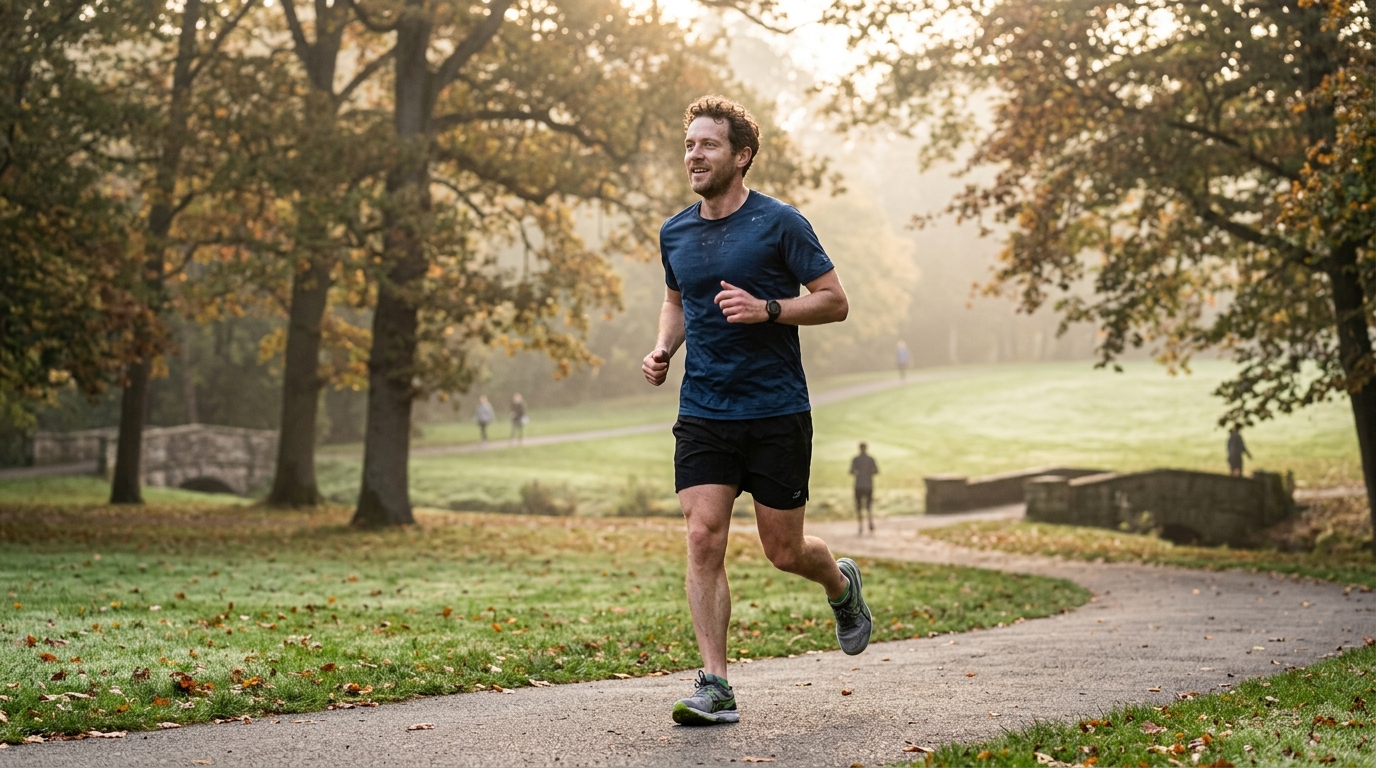 Žena beží v parku počas rána, pohybová aktivita a kardiovaskulárne zdravie