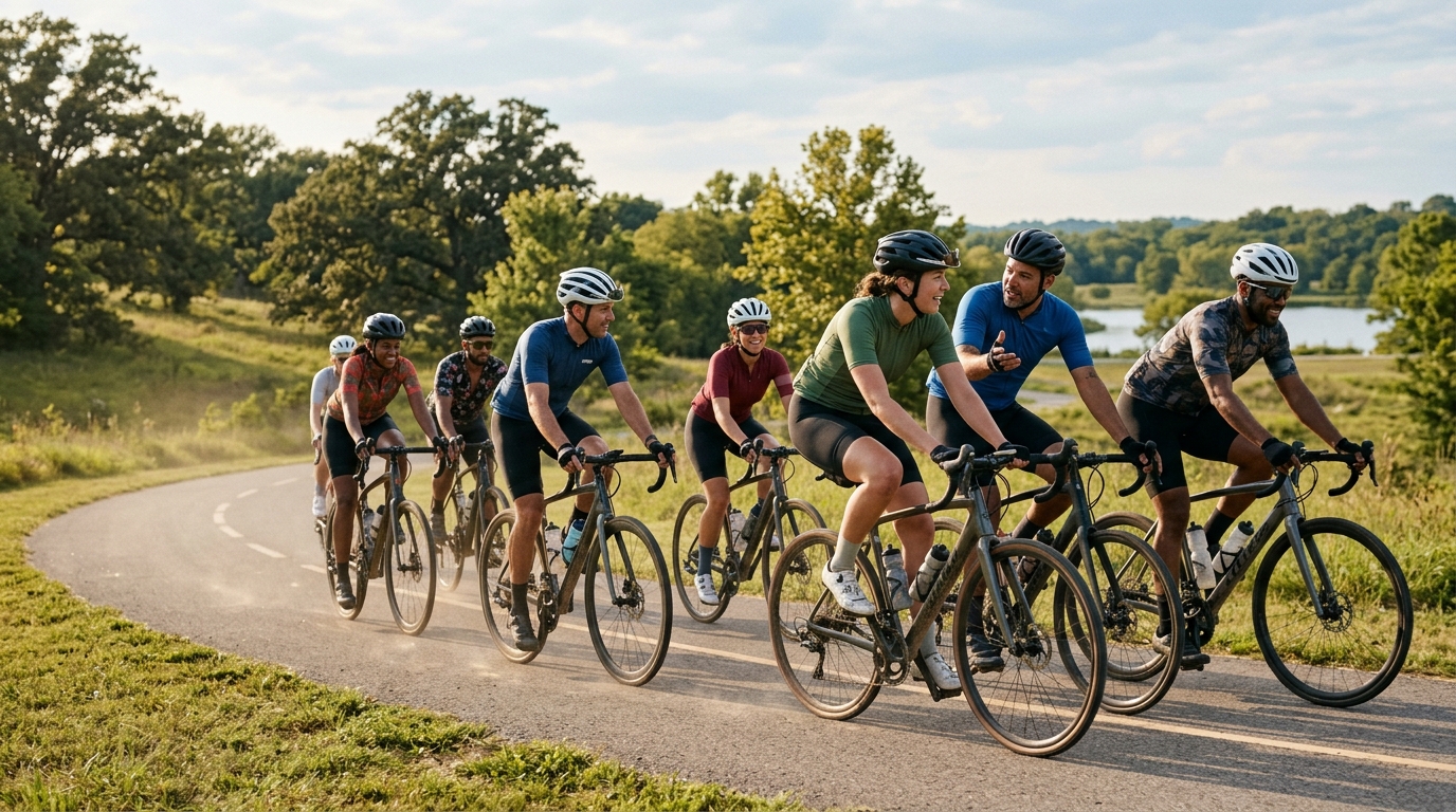 Skupina ľudí pri cyklistike, pravidelná aeróbna aktivita